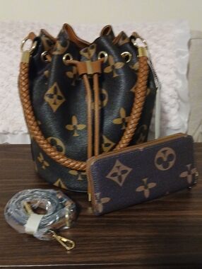 Designer-Style Brown Monogram Drawstring Bucket Bag with Wallet With Strap NWT